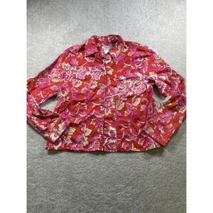 Coldwater Creek Jacket Womens Large Red Pink Floral Button Up Lightweight Cotton